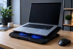 Laptop on a cooling pad with visible fans
