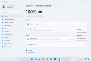 Windows 11 Power & battery settings showing the Power mode menu with Balanced selected