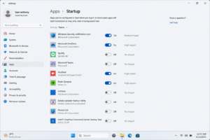 Windows 11 Startup Apps settings page showing app toggles and startup impact