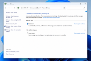 Windows Power Options with Balanced plan selected
