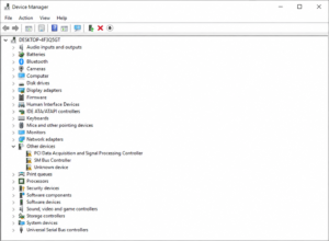 Device Manager showing devices flagged with warning icons