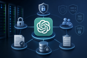 Please make an a realistic featured image on this title "An infographic showing ChatGPT's enterprise security stack — encryption, access control, compliance certifications" Pic me title nahi likha simple & decent pic banani hai ChatGPT enterprise security with encryption and access controls