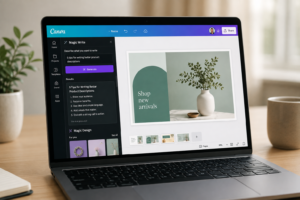 Canva AI dashboard showing the Magic Write and design tools in action