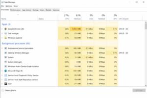 Task Manager showing background processes sorted by CPU usage